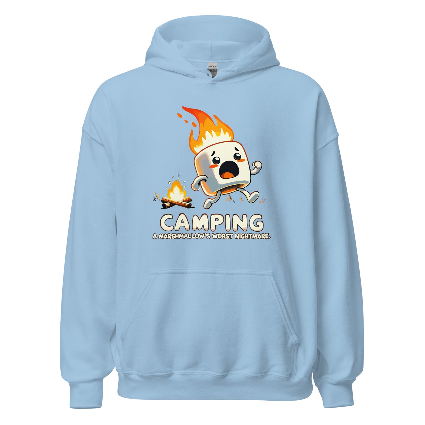 Camping a marshmellows worst nightmare with a marshmellow running away from a campfire printed hoodie by Whistler Shirts