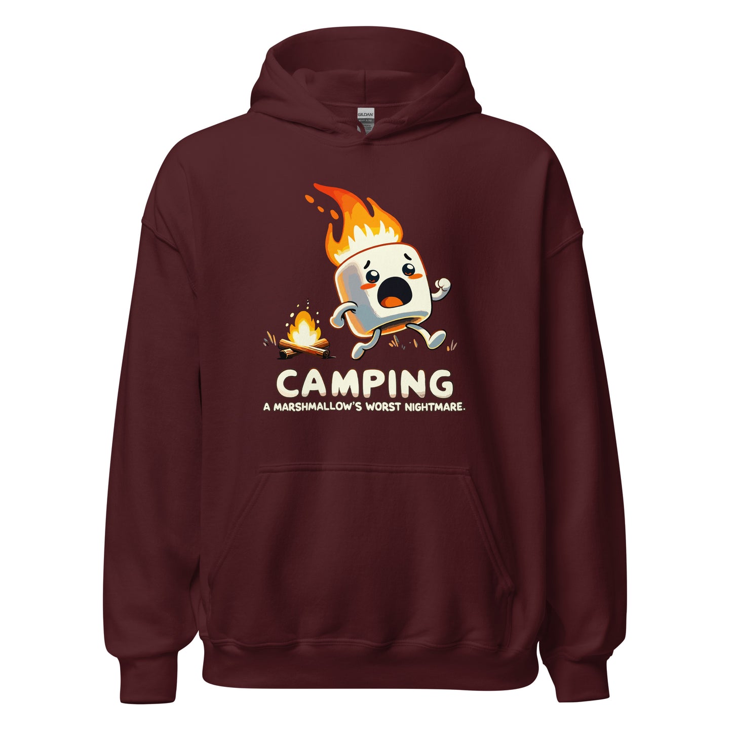 Camping a marshmellows worst nightmare with a marshmellow running away from a campfire printed hoodie by Whistler Shirts
