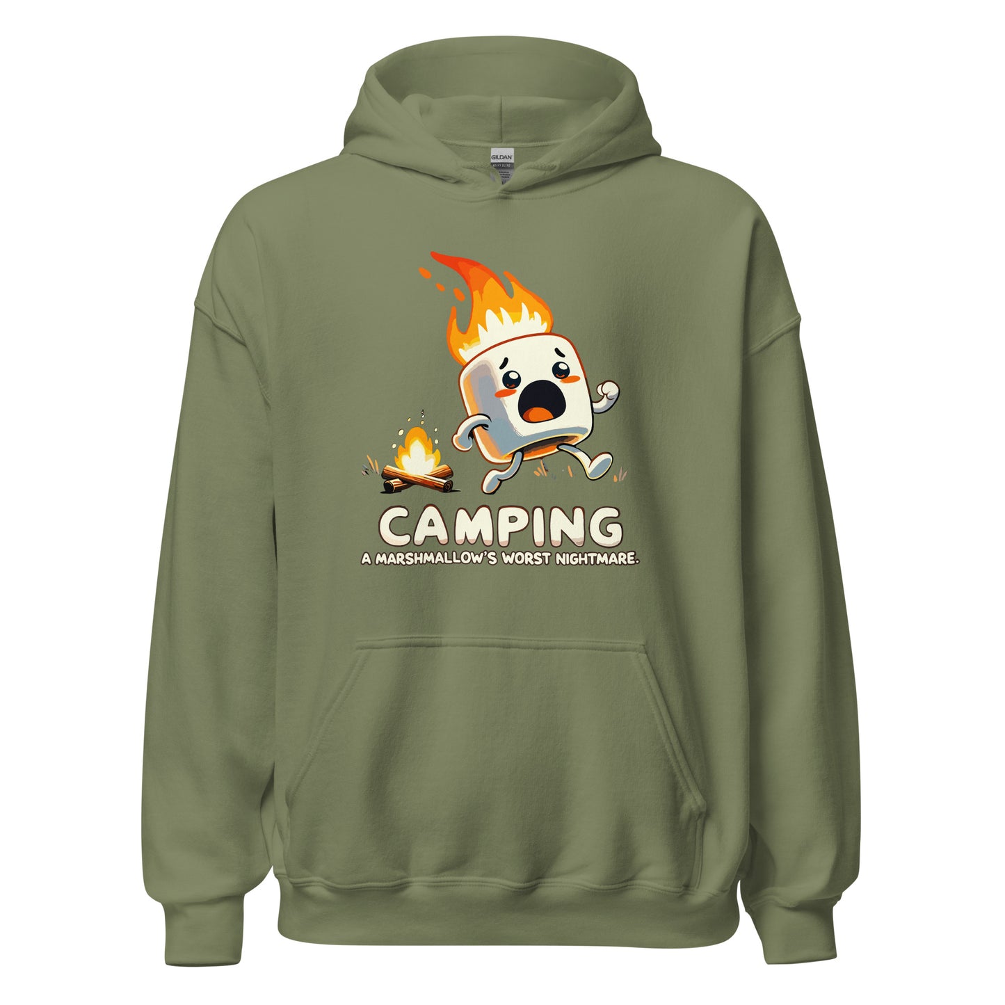 Camping a marshmellows worst nightmare with a marshmellow running away from a campfire printed hoodie by Whistler Shirts