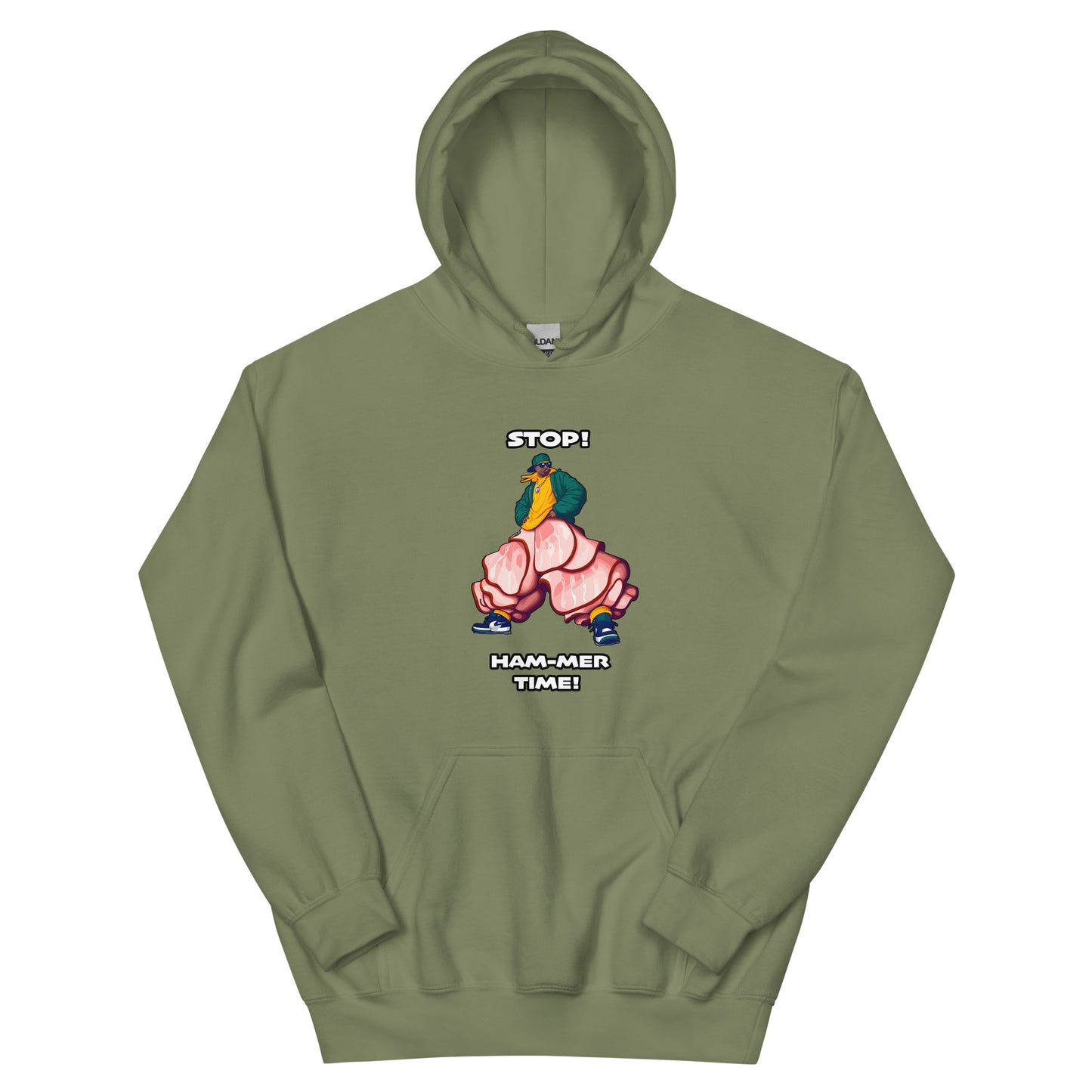 Mc hammer pun design saying stop ham-mer time with a picture of a man wearing ham slices for pants. Design printed on a hoodie by Whistler Shirts