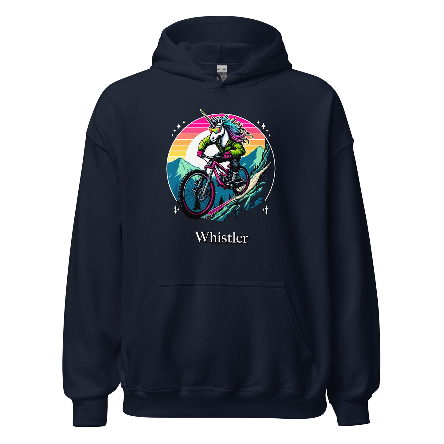 Unicorn Mountain Biking Rainbow Whistler Hoodie printed by Whistler Shirts