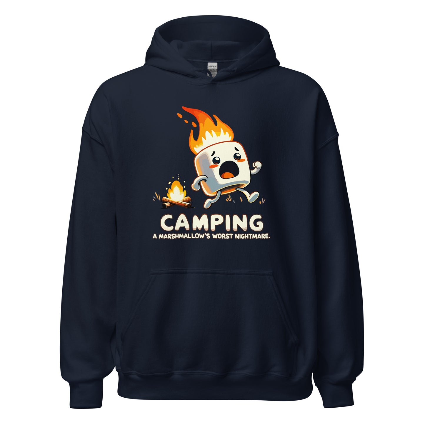 Camping a marshmellows worst nightmare with a marshmellow running away from a campfire printed hoodie by Whistler Shirts