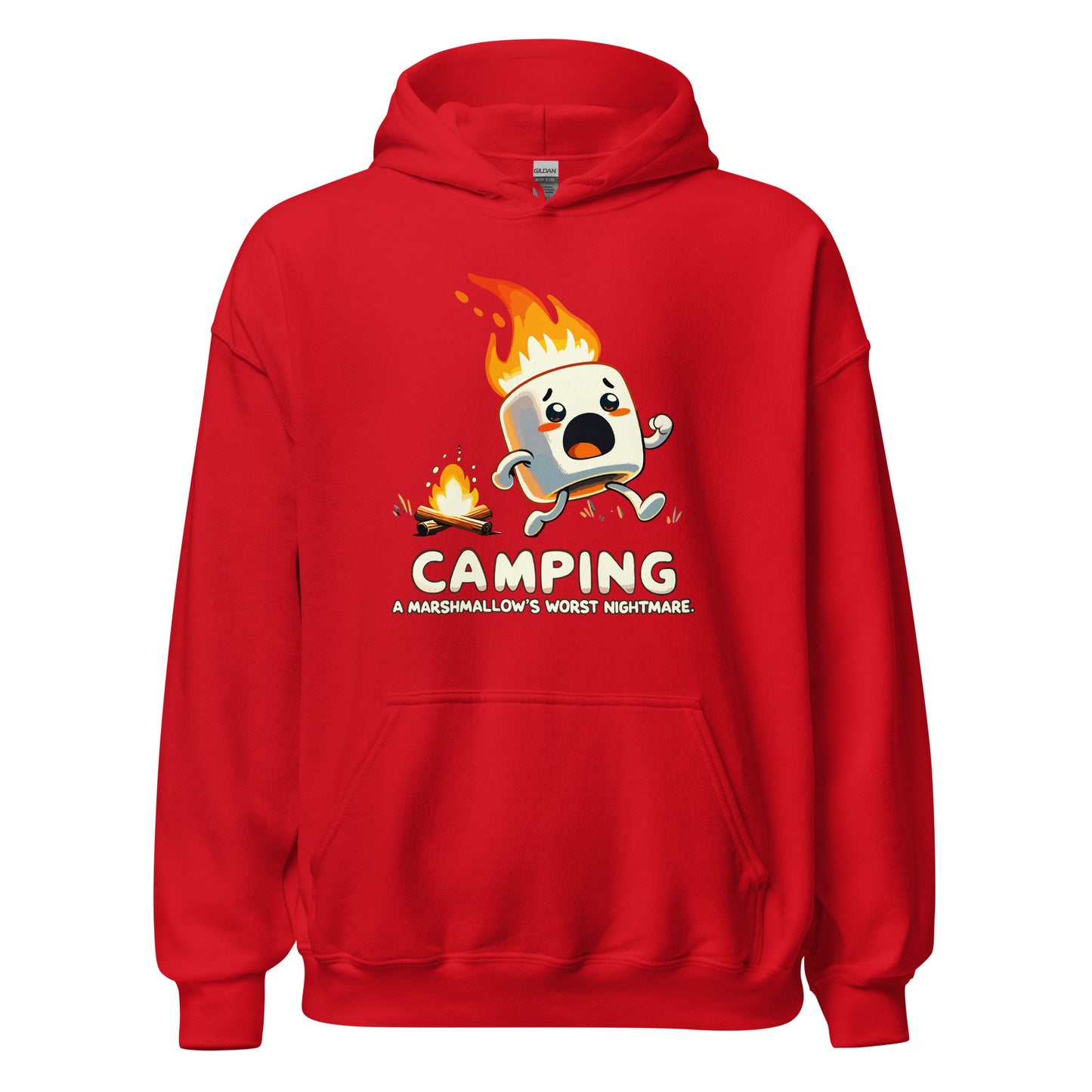 Camping a marshmellows worst nightmare with a marshmellow running away from a campfire printed hoodie by Whistler Shirts