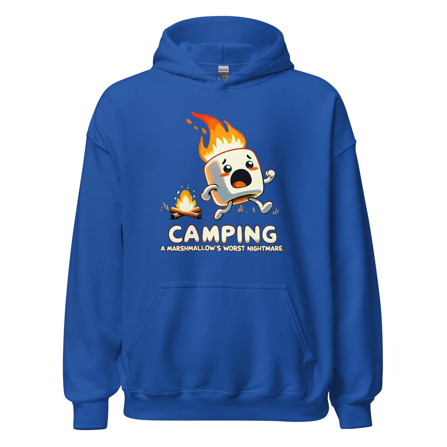 Camping a marshmellows worst nightmare with a marshmellow running away from a campfire printed hoodie by Whistler Shirts