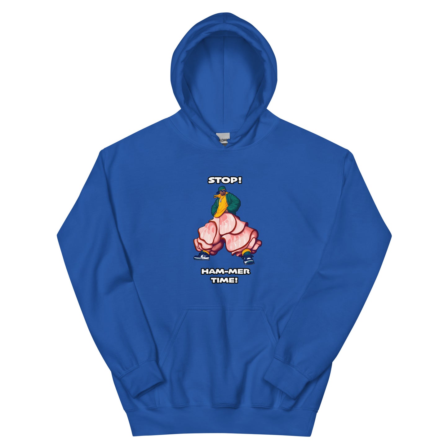 Mc hammer pun design saying stop ham-mer time with a picture of a man wearing ham slices for pants. Design printed on a hoodie by Whistler Shirts