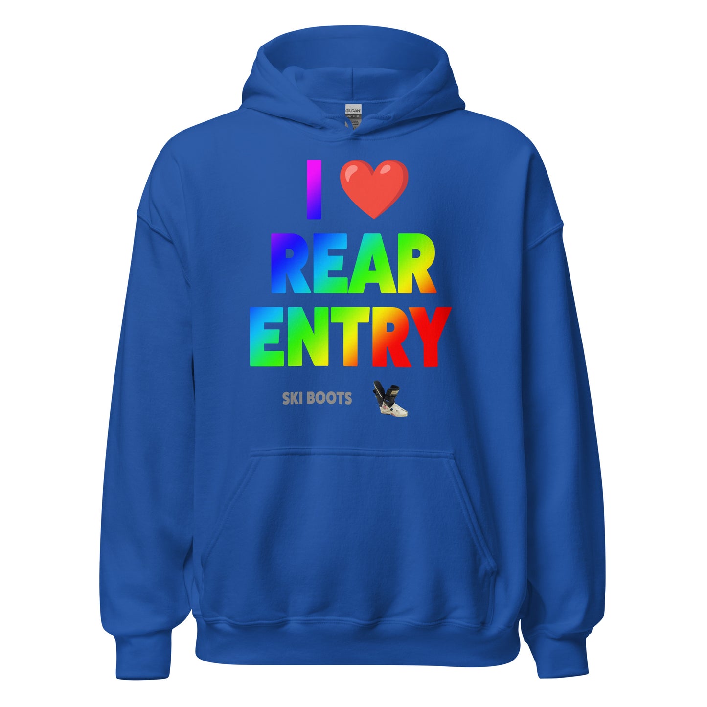 I Love Rear Entry Ski Boots Design printed on hoodie by Whistler Shirts
