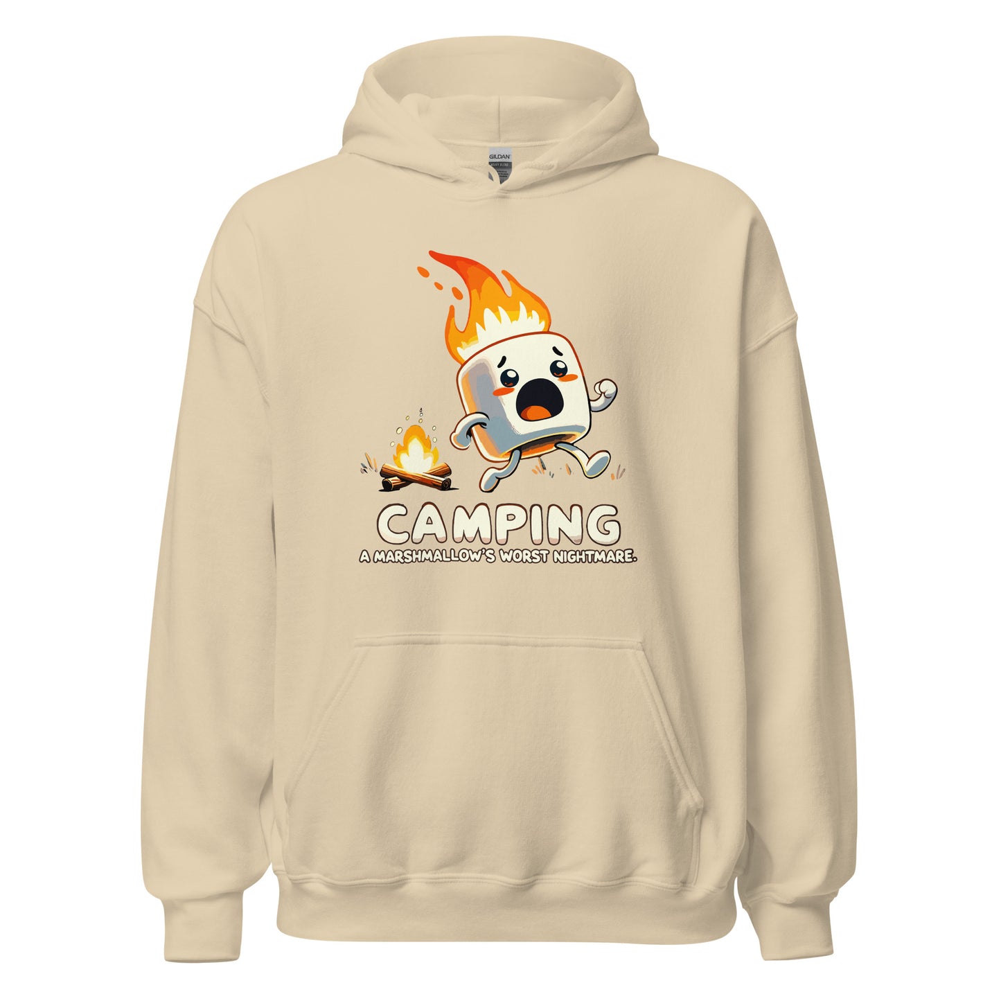 Camping a marshmellows worst nightmare with a marshmellow running away from a campfire printed hoodie by Whistler Shirts
