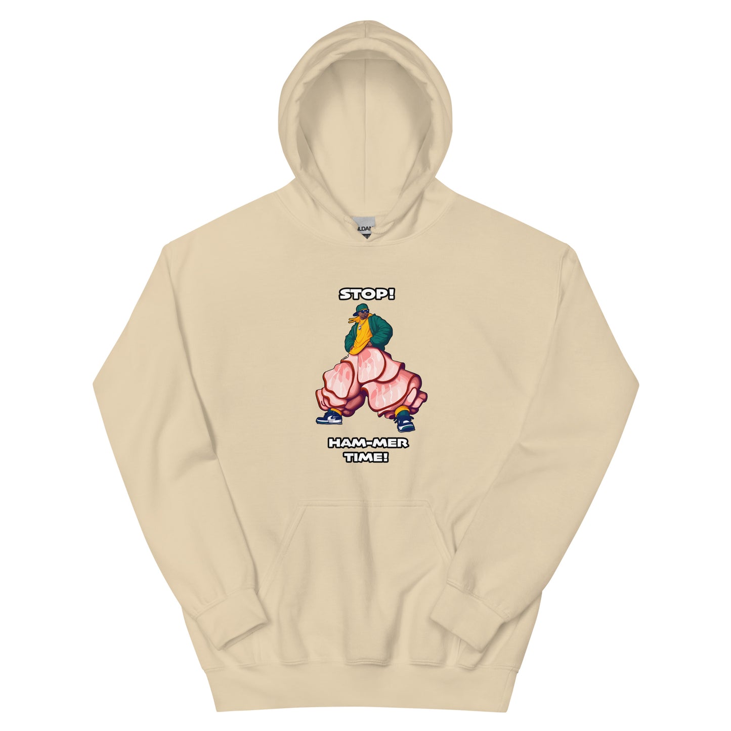 Mc hammer pun design saying stop ham-mer time with a picture of a man wearing ham slices for pants. Design printed on a hoodie by Whistler Shirts