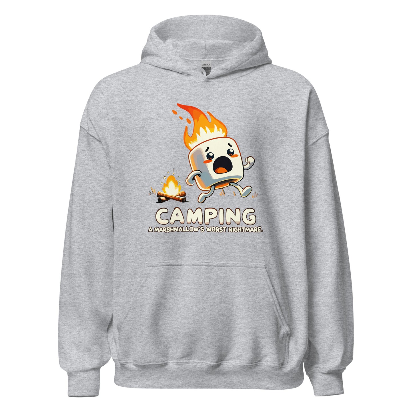 Camping a marshmellows worst nightmare with a marshmellow running away from a campfire printed hoodie by Whistler Shirts