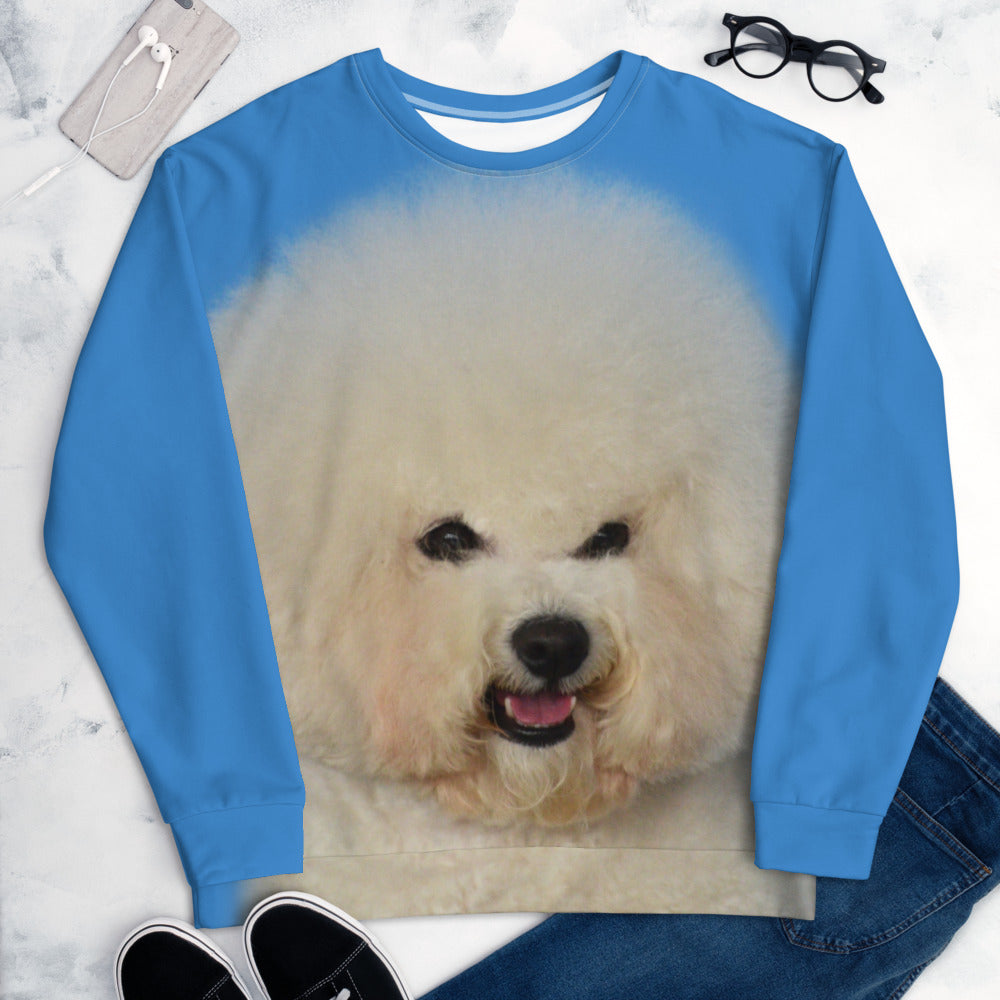bichon frise face printed on blue crewneck