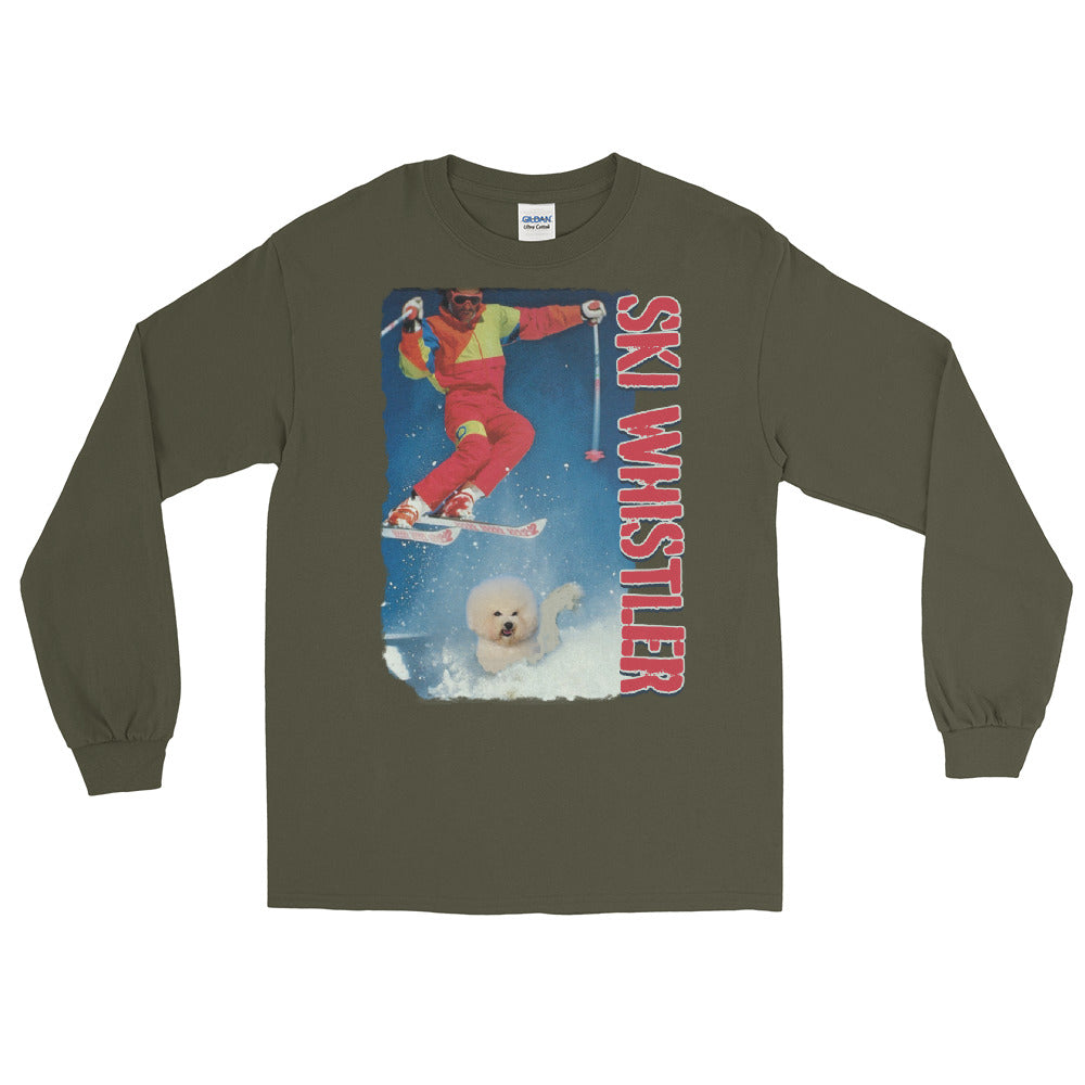 Ski whistler skier jumping over dog printed long sleeve t-shirt