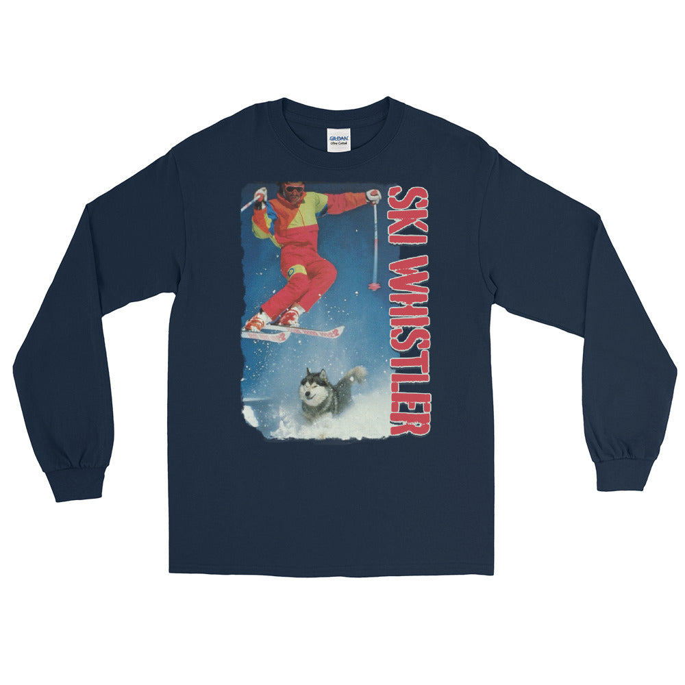 ski whistler skier jumping over dog printed long sleeve