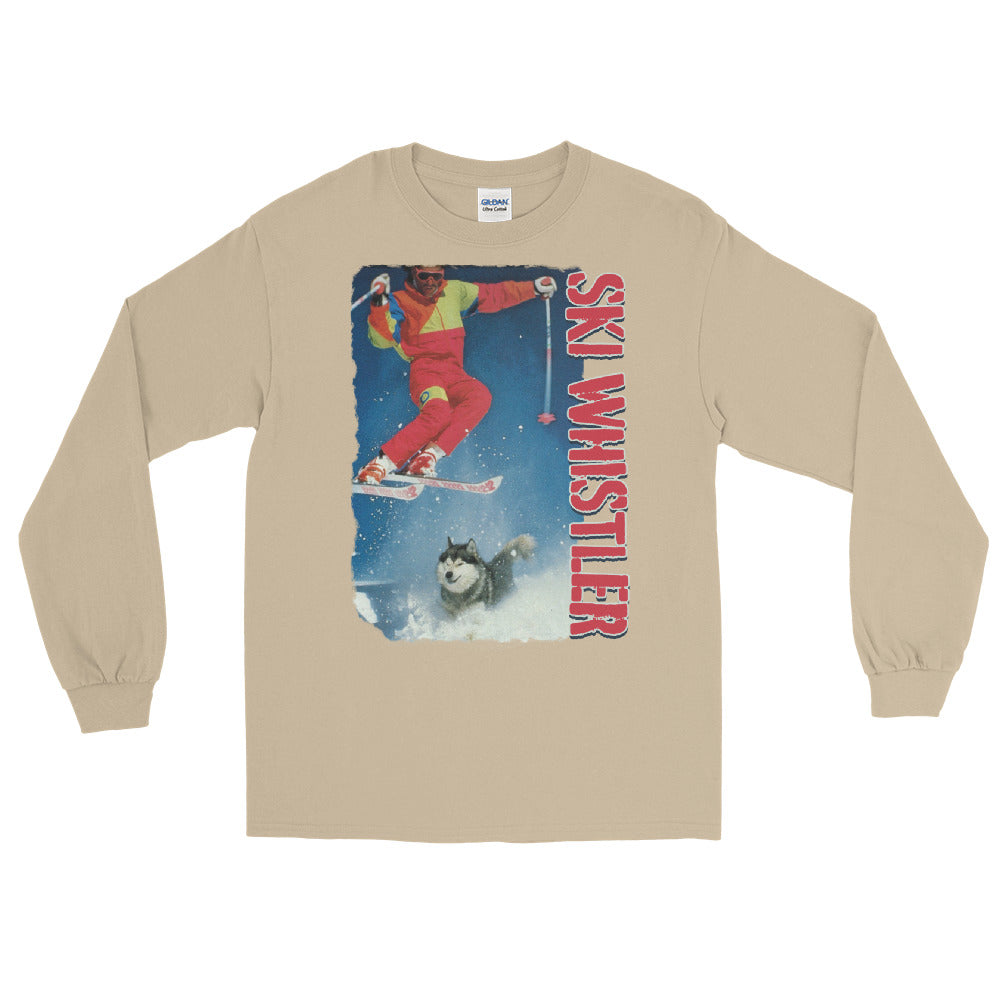 ski whistler skier jumping over dog printed long sleeve