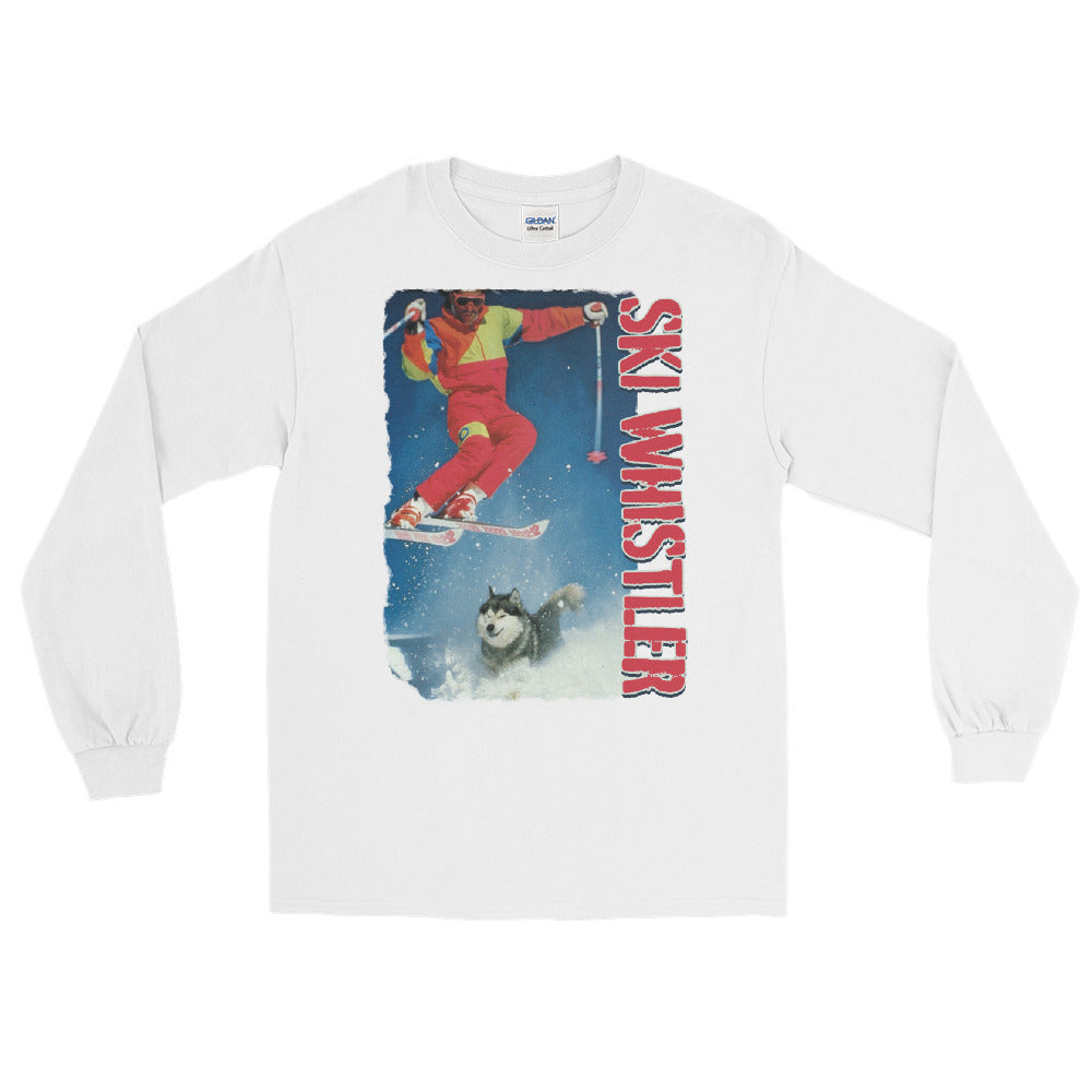 ski whistler skier jumping over dog printed long sleeve