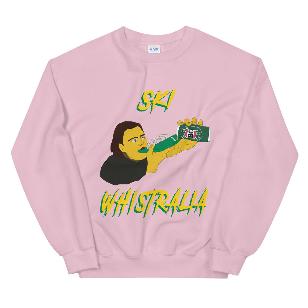 Ski Whistralia drinking beer off a flip flop printed crewneck