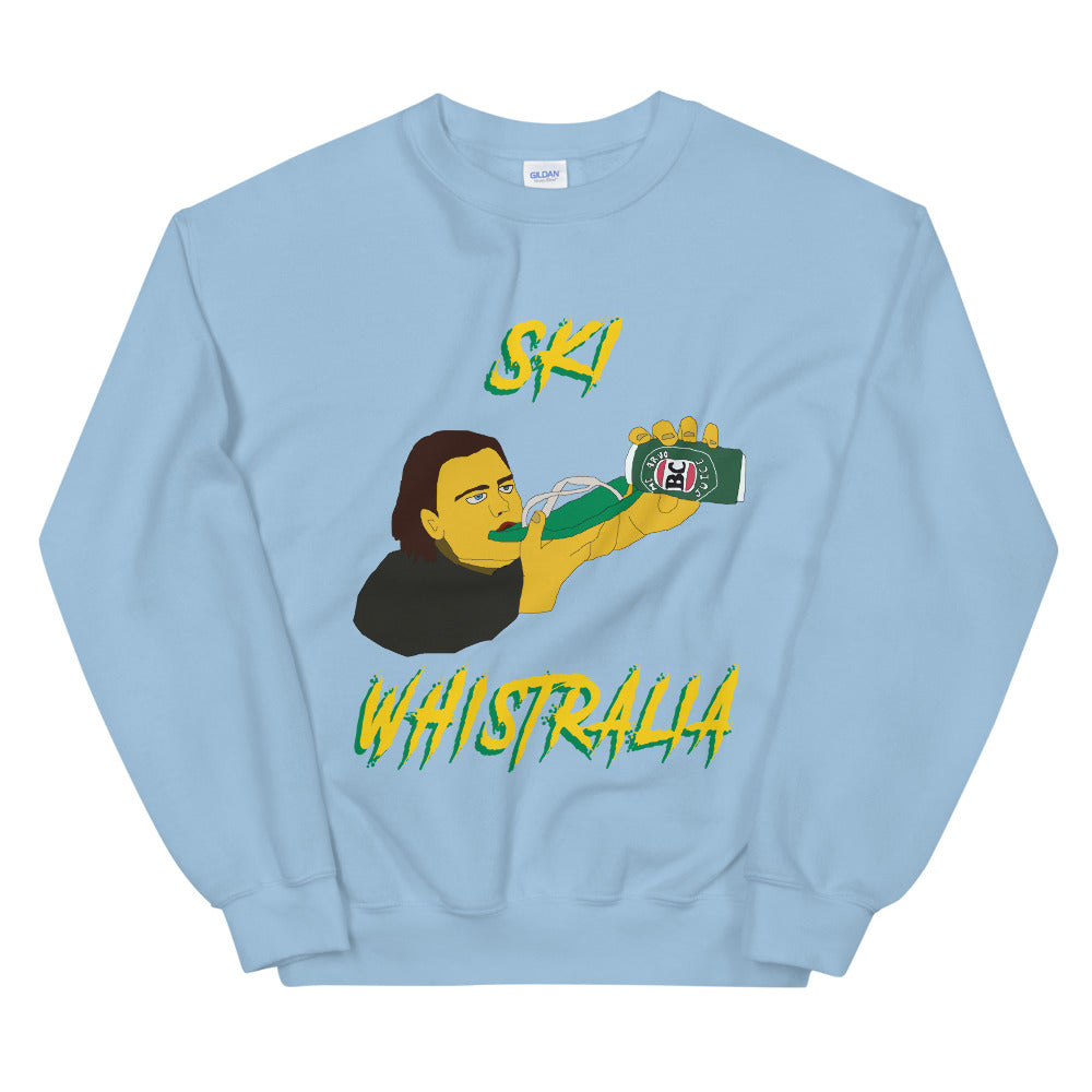 Ski Whistralia drinking beer off a flip flop printed crewneck