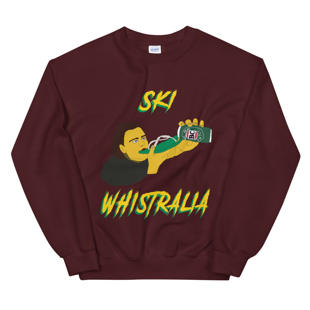 Ski Whistralia drinking beer off a flip flop printed crewneck