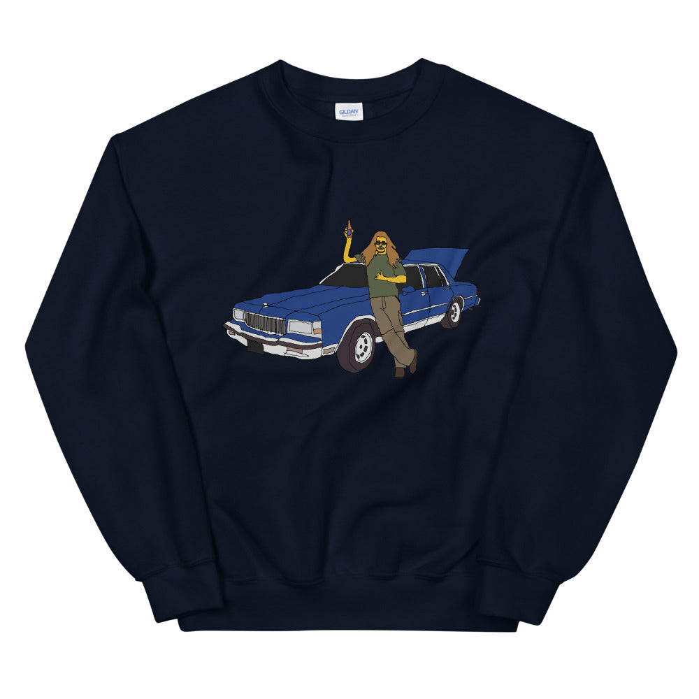 A man with a blue caprice printed crewneck