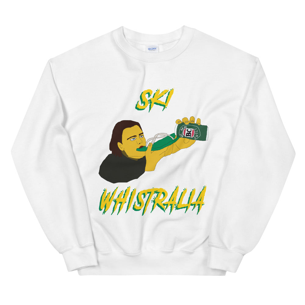 Ski Whistralia drinking beer off a flip flop printed crewneck