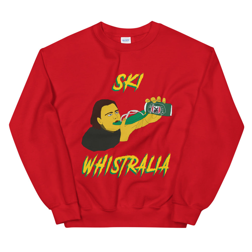 Ski Whistralia drinking beer off a flip flop printed crewneck