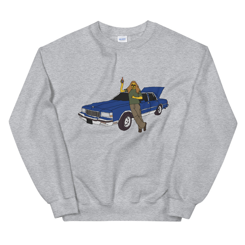A man with a blue caprice printed crewneck