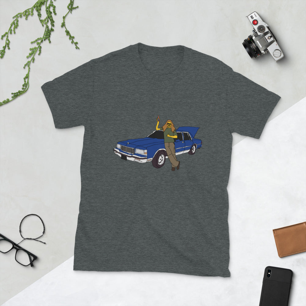 Man with blue caprice printed t-shirt