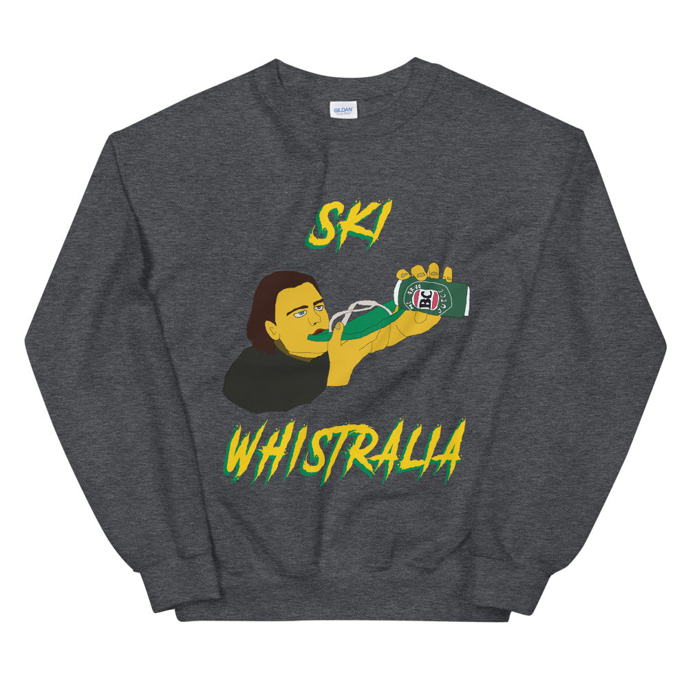 Ski Whistralia drinking beer off a flip flop printed crewneck