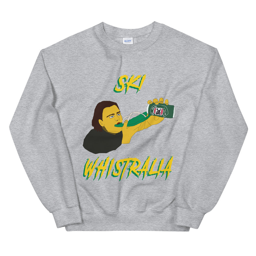 Ski Whistralia drinking beer off a flip flop printed crewneck