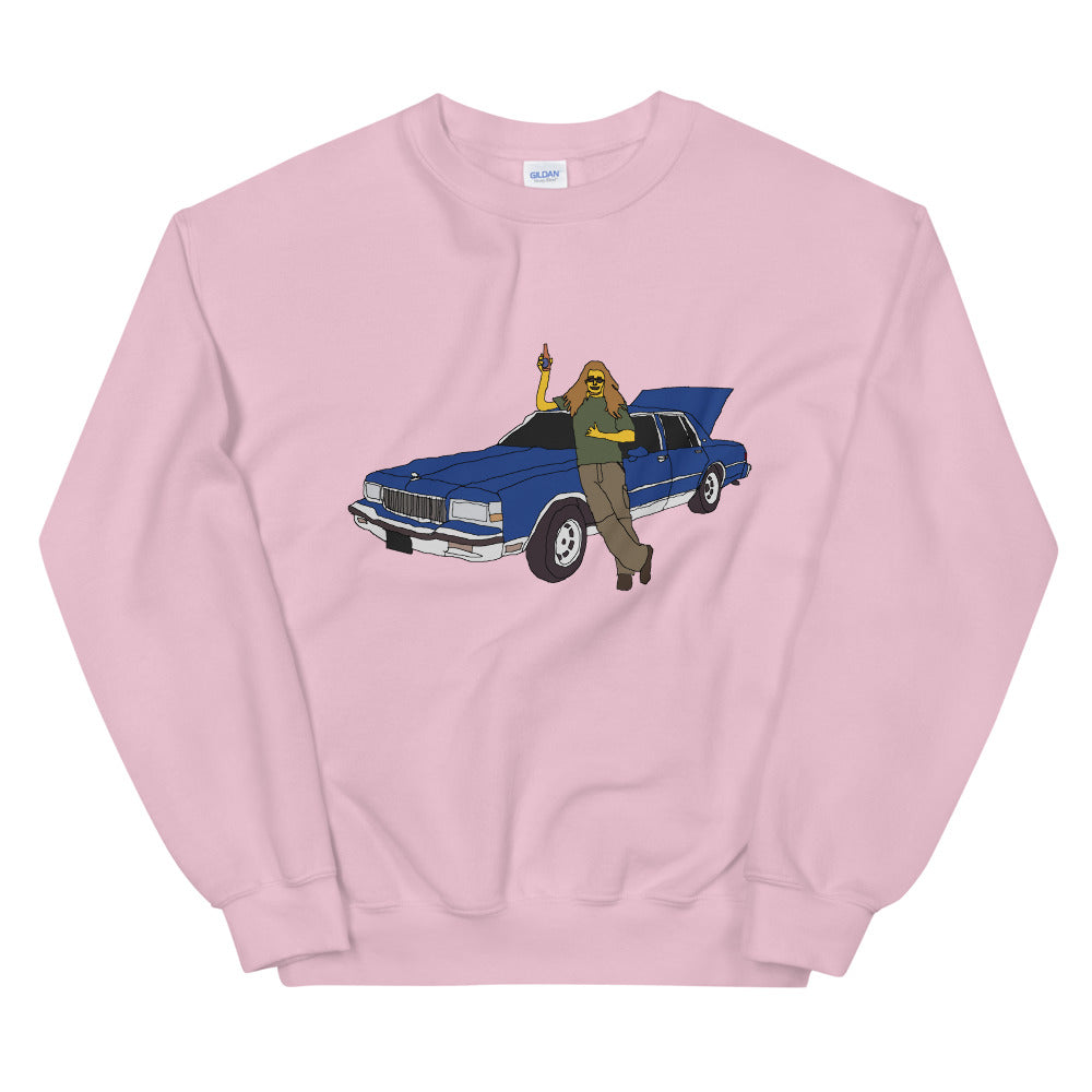 A man with a blue caprice printed crewneck