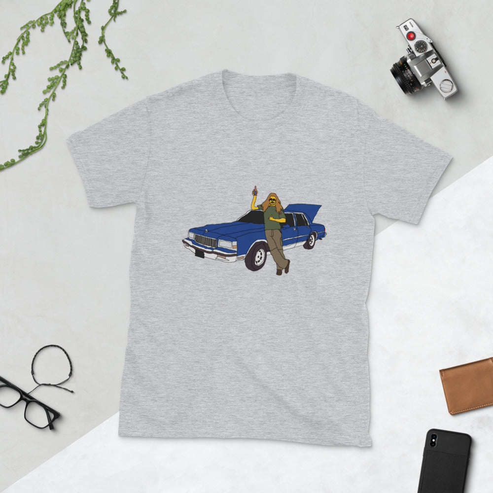 Man with blue caprice printed t-shirt