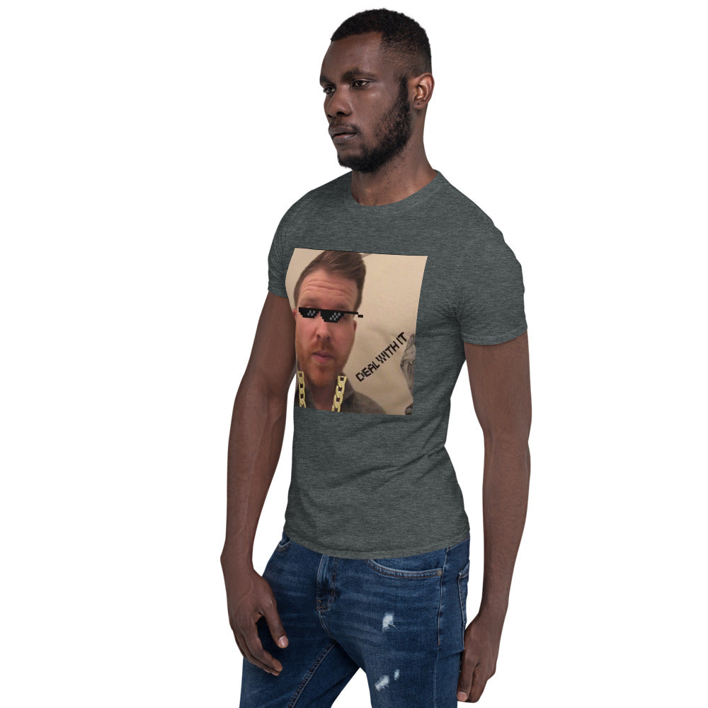 deal with it photo of a man with meme glasses printed on tshirt