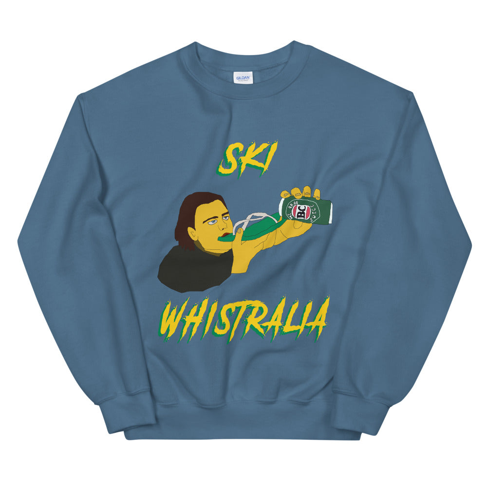Ski Whistralia drinking beer off a flip flop printed crewneck