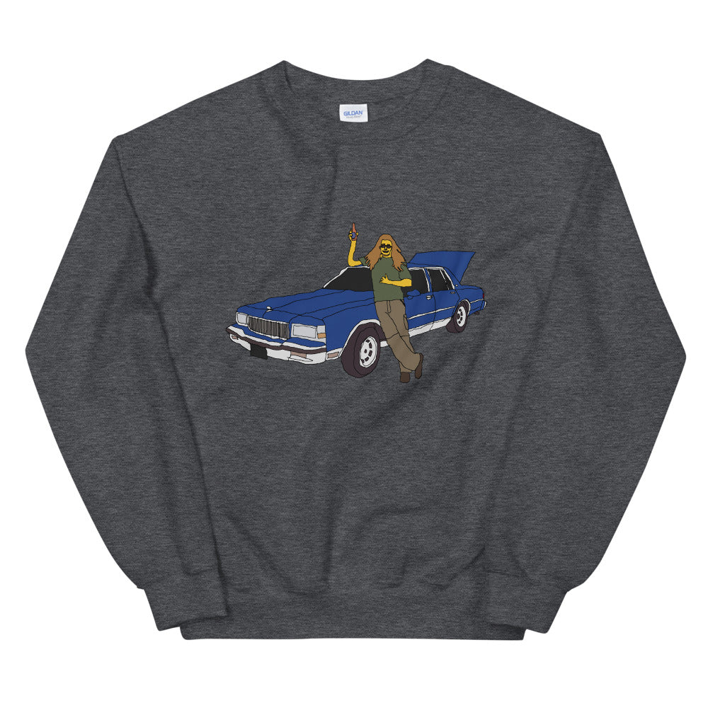 A man with a blue caprice printed crewneck