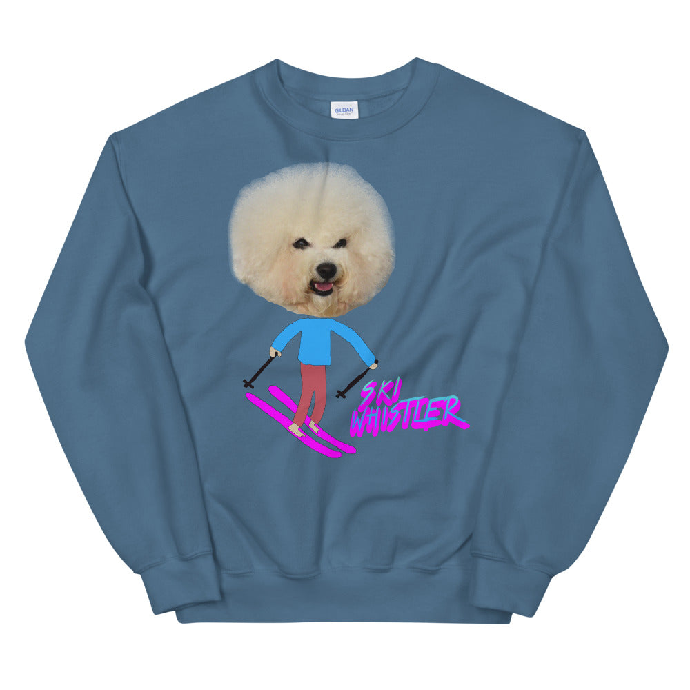 Ski Whistler bichon frise skiing printed crewneck
