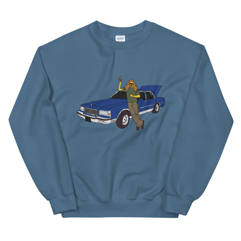 A man with a blue caprice printed crewneck