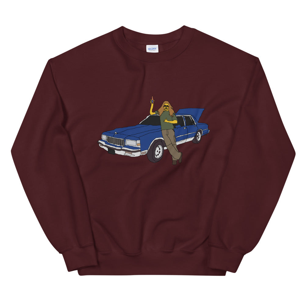 A man with a blue caprice printed crewneck