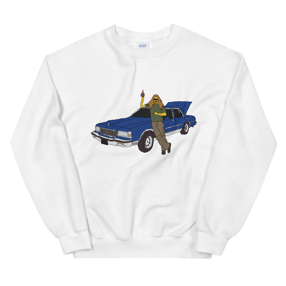 A man with a blue caprice printed crewneck