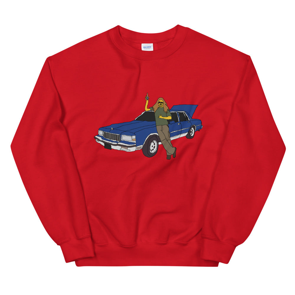 A man with a blue caprice printed crewneck