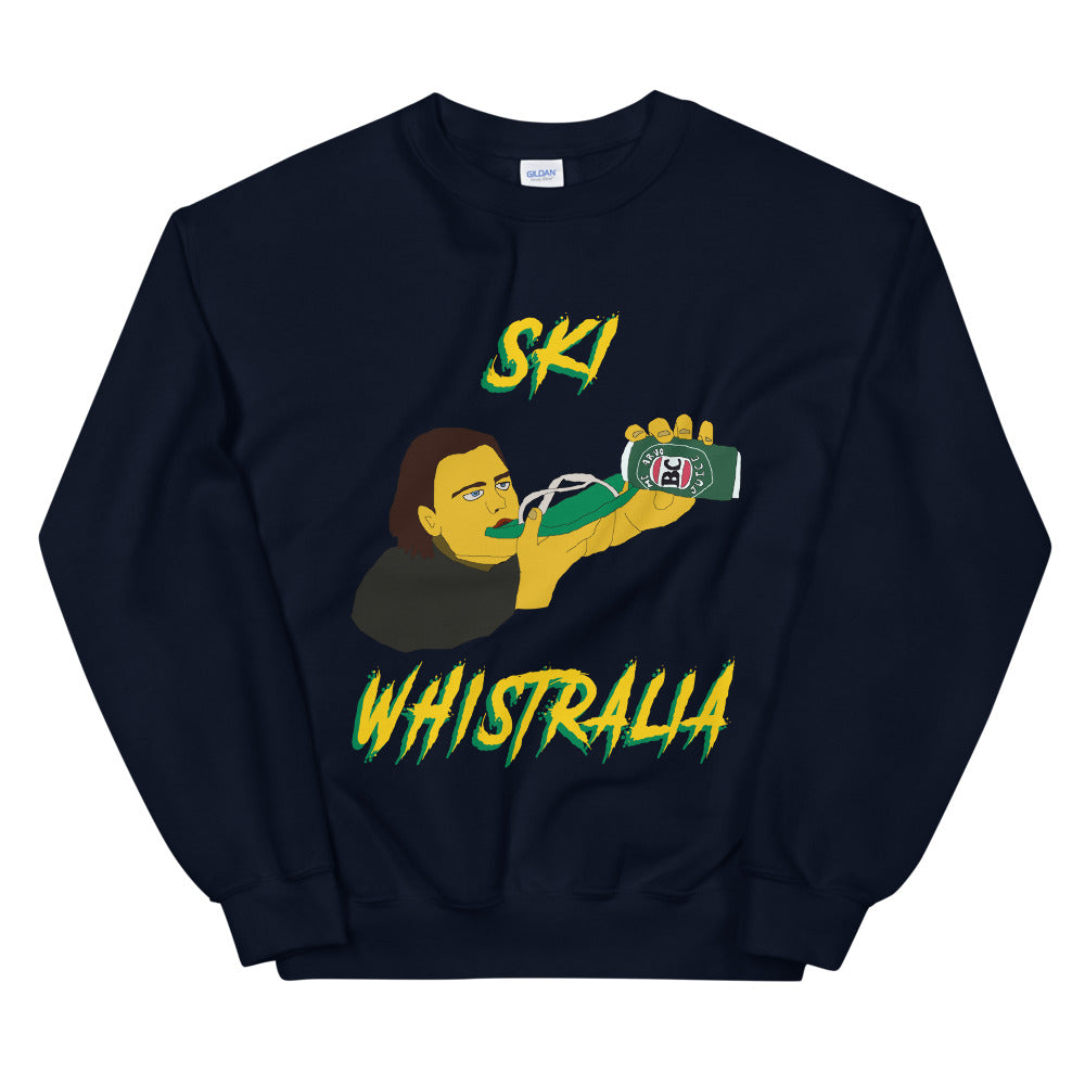 Ski Whistralia drinking beer off a flip flop printed crewneck