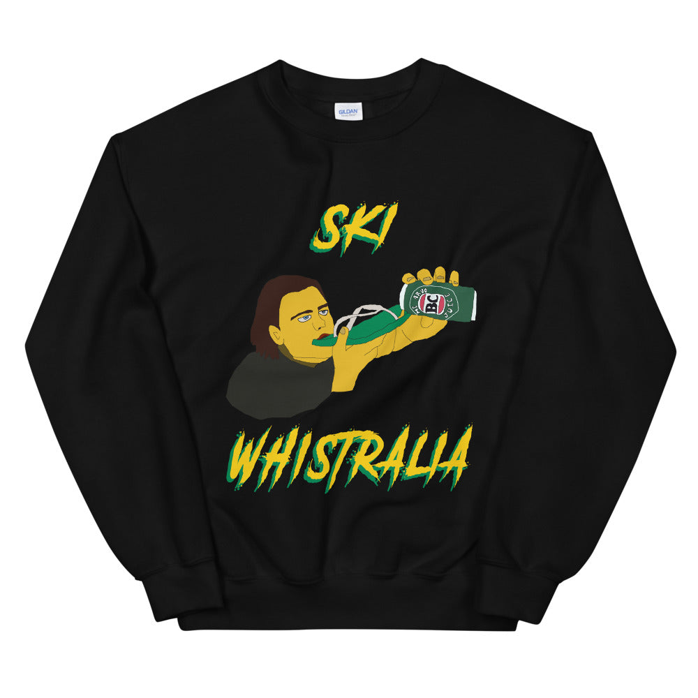 Ski Whistralia drinking beer off a flip flop printed crewneck
