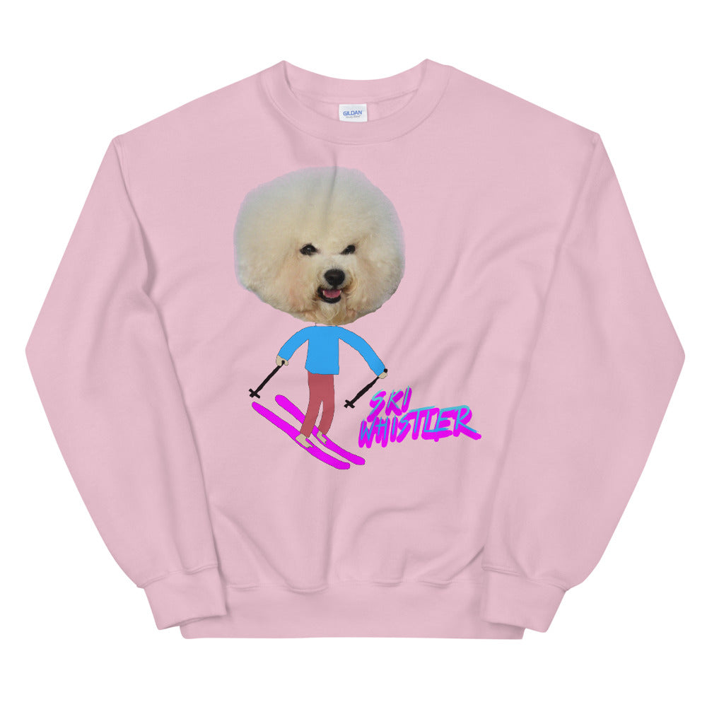 Ski Whistler bichon frise skiing printed crewneck
