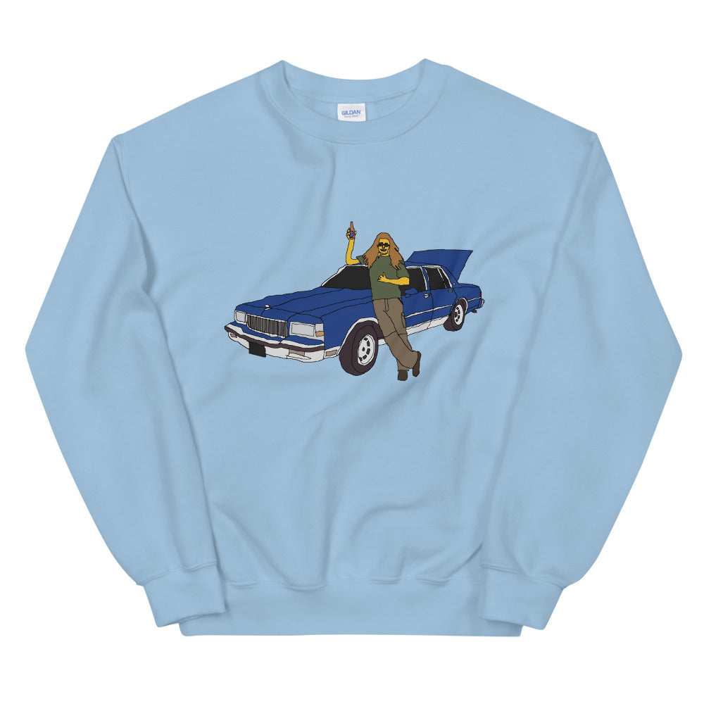A man with a blue caprice printed crewneck