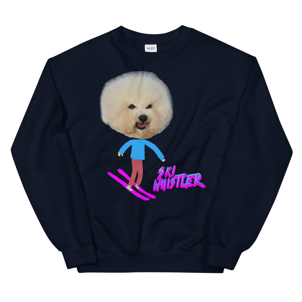 Ski Whistler bichon frise skiing printed crewneck