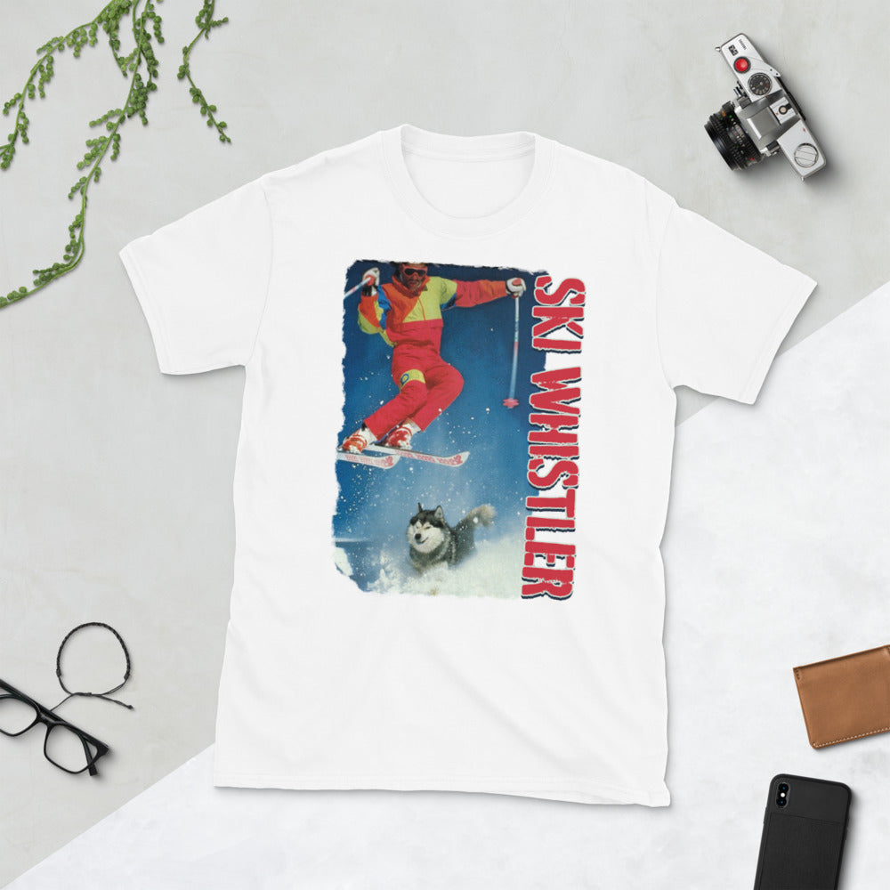 ski whistler skier jumping over dog printed t-shirt