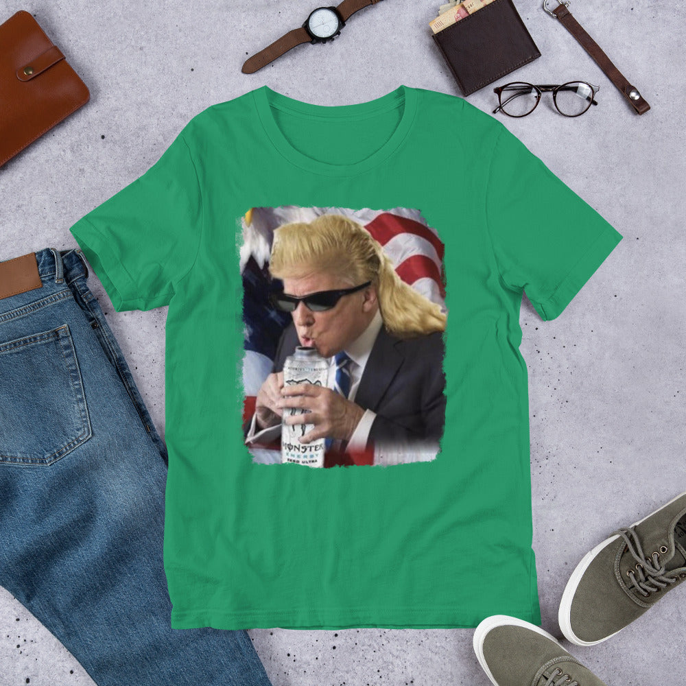 Trump mullet drinking monster energy printed t-shirt