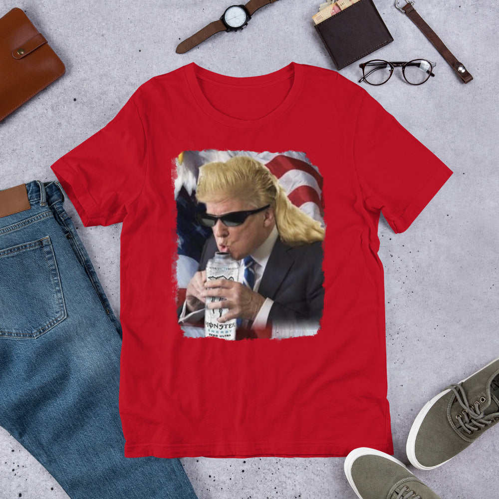 Trump mullet drinking monster energy printed t-shirt