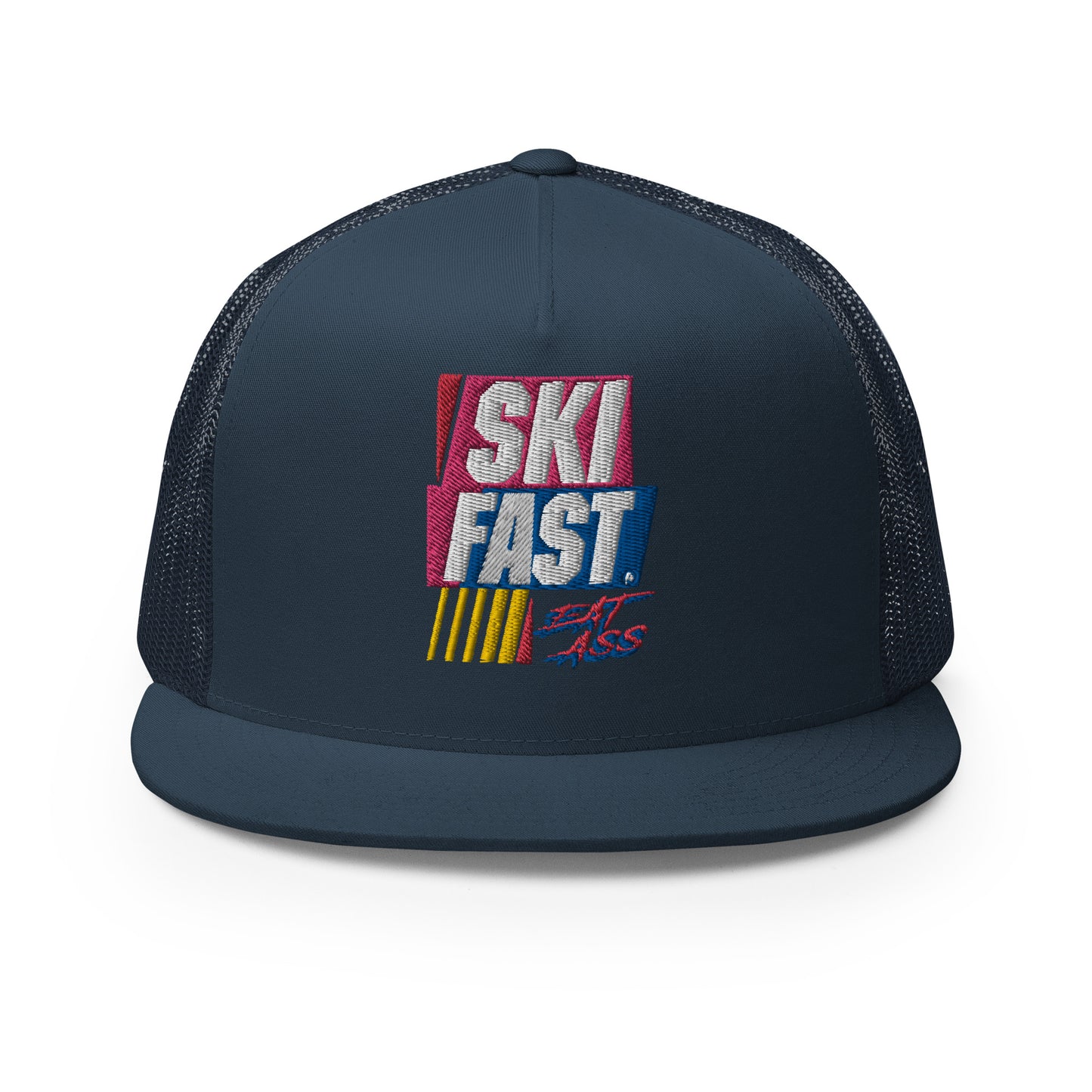 Ski Fast Eat Ass embroidered onto a trucker hat by Whistler Shirts