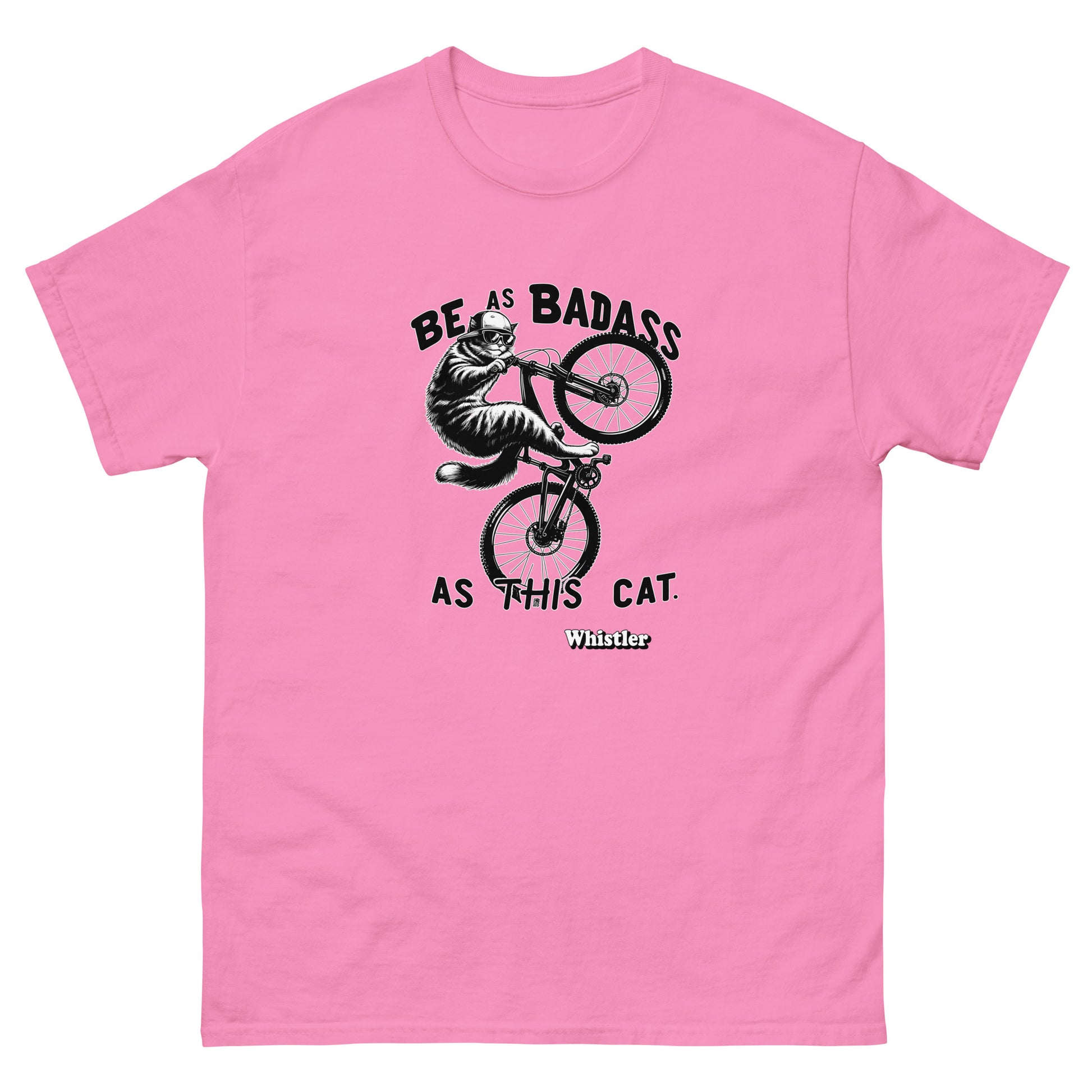 Be as badass as this cat whistler cat riding a bike design printed on a t-shirt by Whistler Shirts