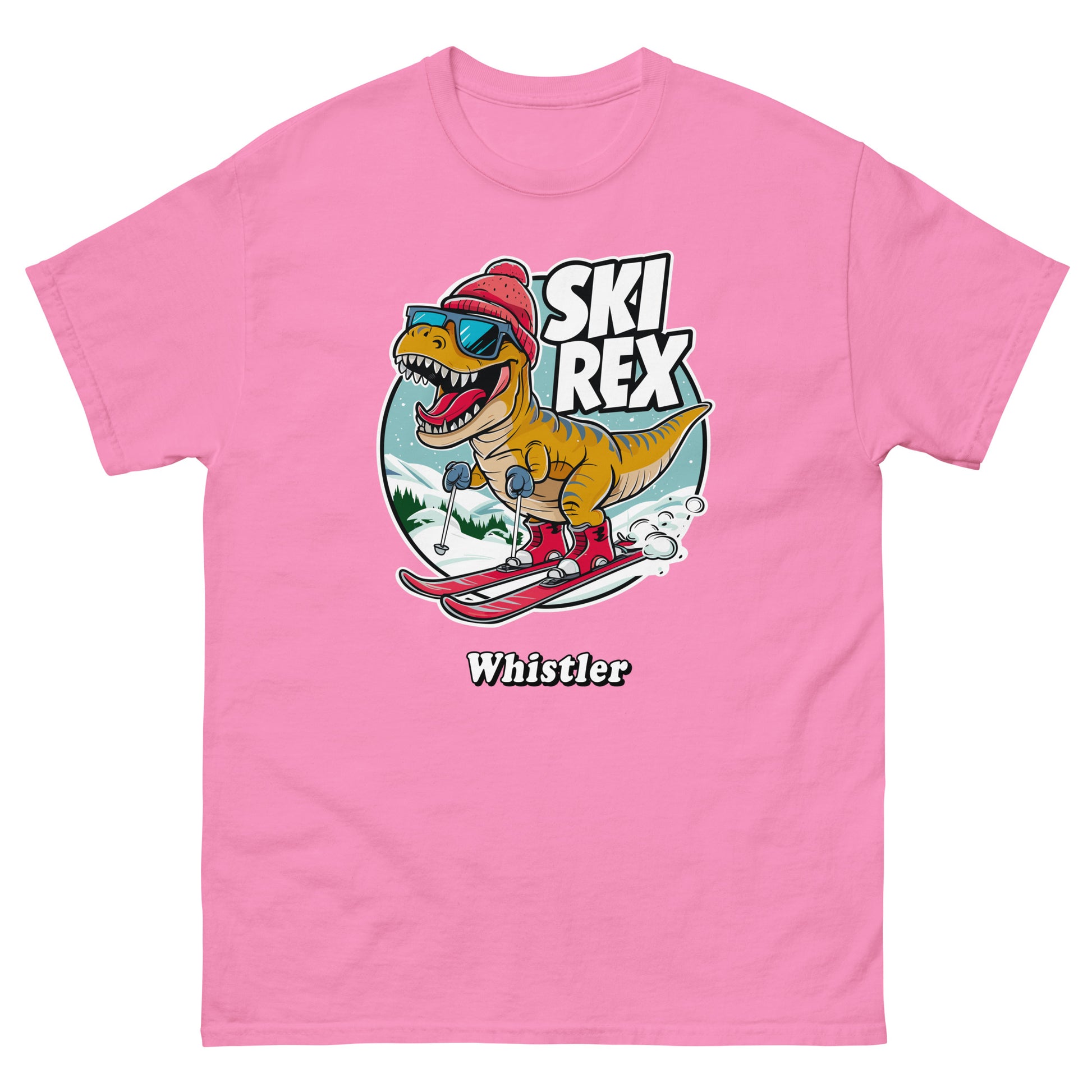 Ski Rex Whistler t-rex skiing printed t-shirts by Whistler Shirts