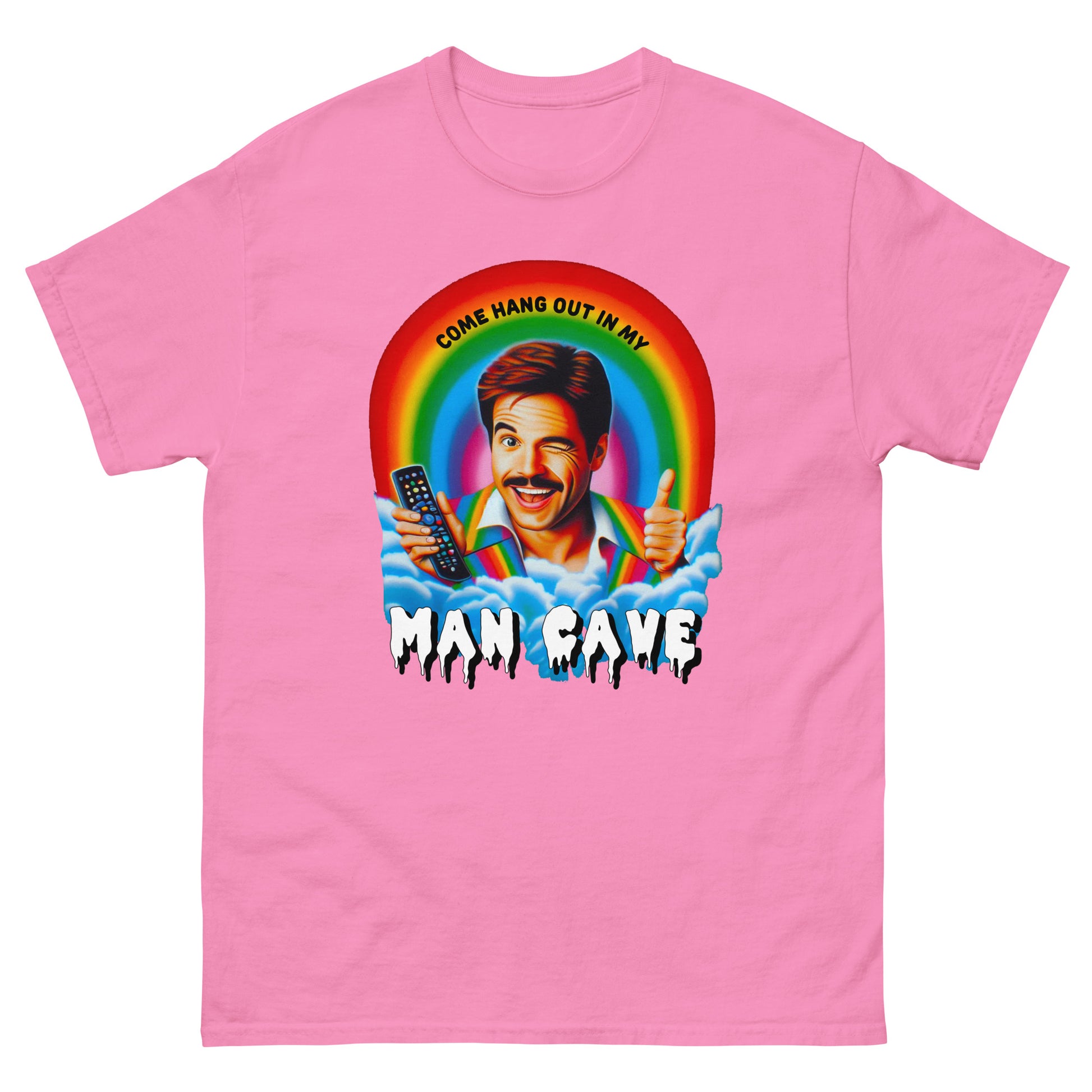 Come hang out in my man cave design printed on t-shirt by Whistler Shirts